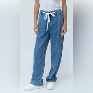 Six Fifty Women's Blue Wide Straight Drawstring Denim Comfort Cotton Elastic